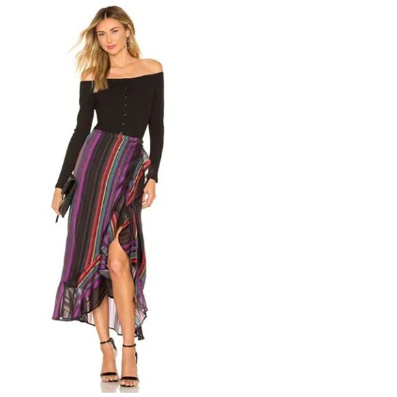 X Revolve House of Harlow Wrap Skirt Clementine Black Neutral Stripe Ruffle XS - Picture 1 of 6